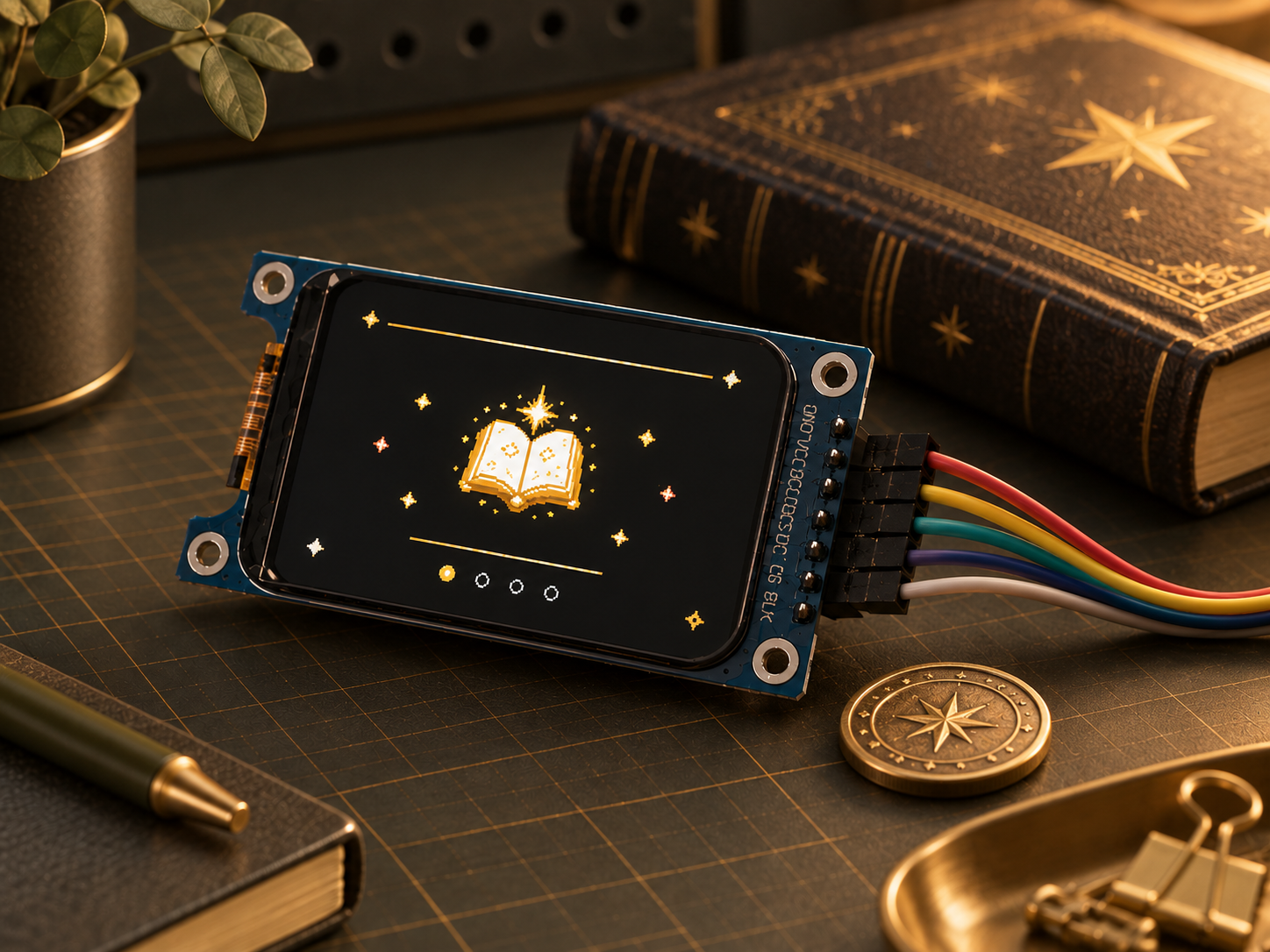 Pocket-sized electronic Book of Answers with a pixel-art book interface