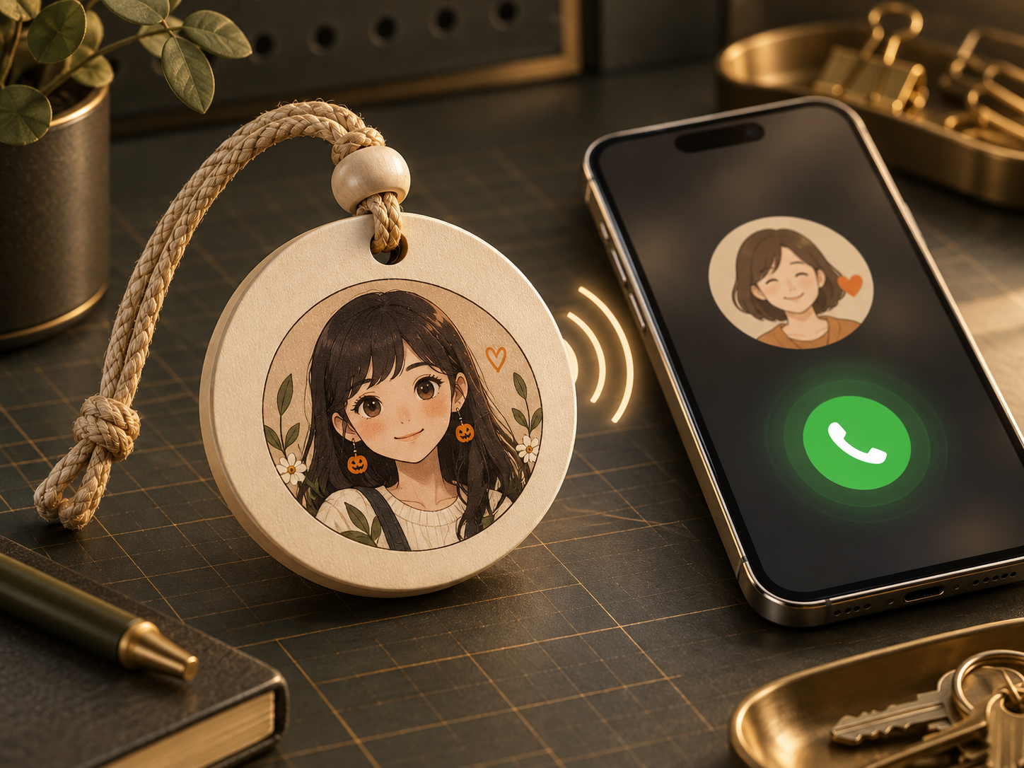 Round NFC tag beside a phone, designed for one-tap calling